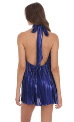Metallic Pleated Shift Dress in Blue