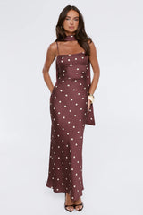 Bloom Star Polka Dot Satin Strapless Maxi Dress Brown