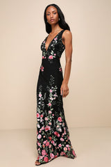 Soiree Blossom Black Floral Embroidered Mermaid Maxi Dress