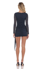 Lace Long Sleeve Tassel Dress in Navy