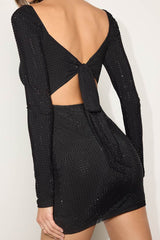 Ferrara Black Rhinestone Tie-Back Mini Dress