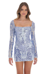 Sequin Pattern Long Sleeve Dress in Blue