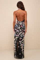 Infinite Praise Black 3D Floral Embroidered Halter Maxi Dress