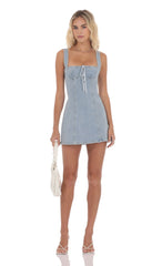 Denim Striped Bow Dress in Light Blue