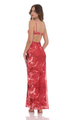 Rose Open Back Mesh Maxi Dress in Red