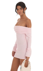 Ribbed Off Shoulder Open Back Dress in Pink