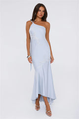 Jelly Glow One Shoulder Satin Maxi Dress Blue