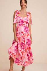 Fleurette Pink Floral Tie-Strap Midi Dress
