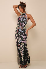 Infinite Praise Black 3D Floral Embroidered Halter Maxi Dress