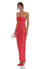 Satin Halter Flower Maxi Dress in Red