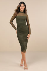 Impressive Flirt Olive Green Mesh Ruched Mock Neck Midi Dress