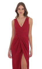 V-Neck Slit Maxi Dress in Red