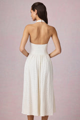 Modal Broderie Anglaise Halterneck Midaxi Dress in White