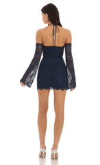 Lace Sequin Off Shoulder Dress in Navy