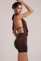 Draped Cowl Mini Dress in Chocolate Brown