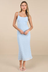 Lucky Girl Light Blue Sleeveless Lace Midi Dress