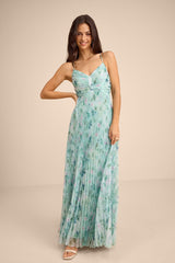 Whitley Mint Green Floral Pleated Sleeveless Maxi Dress