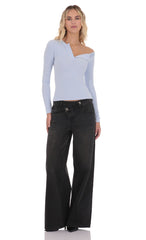 Off Shoulder Henley Top in Light Blue