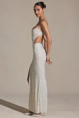 Embellished Cut-Out Fishtail Maxi Dress in White