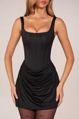 Lace-Up Draped Mini Dress in Black