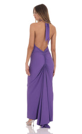 Front Cross Halter Maxi Dress in Purple