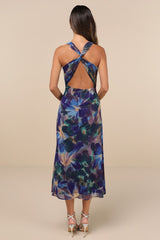 Delight in Elegance Navy Blue Multi Floral Halter Midi Dress