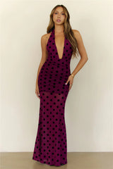 Dancefloor Diaries Halter Polka Dot Maxi Dress Plum