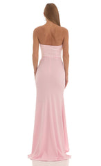 Satin Corset High Low Crepe Maxi Dress in Pink