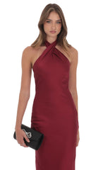 Satin Cross Halter Maxi Dress in Wine