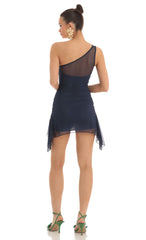 Mesh One Shoulder Dress in Navy