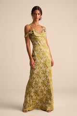 Cavani Chartreuse Floral Satin Asymmetrical Maxi Dress