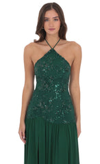 Drop Waist Sequin Maxi Dress in Green