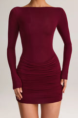 Modal Boat-Neck Draped Long-Sleeve Mini Dress in Wine