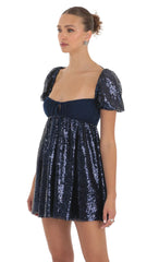 Sequin Puff Sleeve Baby Doll Dress in Navy