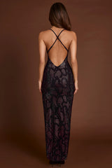 Embellished Halterneck Maxi Dress in Purple Snake