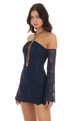 Lace Sequin Off Shoulder Dress in Navy