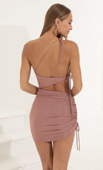 Dotted Ruched Cutout Dress in Mauve