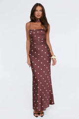 Bloom Star Polka Dot Satin Strapless Maxi Dress Brown