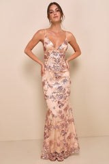 Shine Language Rose Gold Sequin Mermaid Maxi Dress