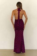 Dancefloor Diaries Halter Polka Dot Maxi Dress Plum
