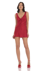 Satin V-Neck Dress in Red