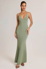 Modal Plunge Backless Maxi Dress in Sage Green