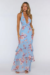 Floral Halter Twist Detail Tiered Maxi Dress Blue