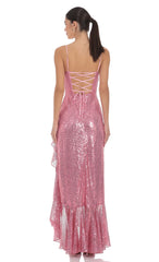 Sequin Ruffle Maxi Dress in Pink