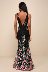 Soiree Blossom Black Floral Embroidered Mermaid Maxi Dress