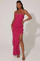 Cross Strap Ruffle Floor Length Dress in Fuchsia