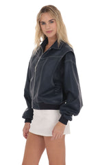 Faux Leather Bomber in Navy