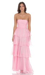 Corset Ruffle Strapless Maxi Dress in Pink