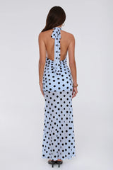 Dancefloor Diaries Halter Polka Dot Maxi Dress Blue