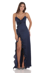 Ruffle V-Neck Maxi Dress in Navy